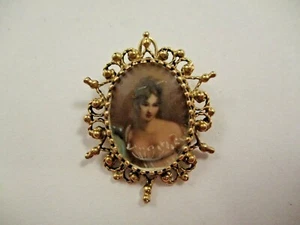 Antique c1910s Art Deco 14K Gold Hand Painted Cameo Portrait Brooch Pendant 6g - Picture 1 of 8