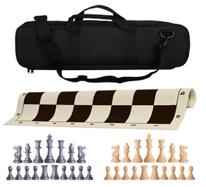 Black Deluxe Weighted Chess Set - Vinyl Board, Bag w/ Silver & Natural Pieces - Picture 1 of 5