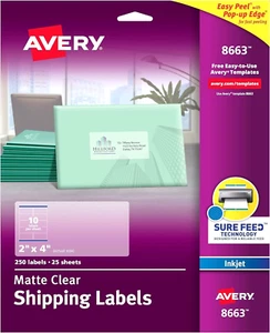 Etiquetas de envío transparentes mate Avery tecnología de alimentación segura inyección de tinta 250 etiquetas 2" x 4" - Imagen 1 de 1