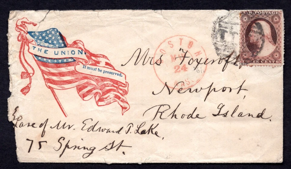 US 1861 CIVIL WAR UNION PATRIOTIC COVER FRANKED SCOTT #26 BOSTON, MASS. IN RED - Image 1 of 2