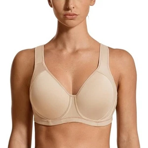 SYROKAN Women's High Impact Underwire Sports Bra Beige Size 32D Cross Back A262 - Picture 1 of 9