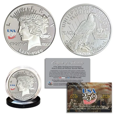 1776-2026 America 250 Privy PEACE DOLLAR Nickel-Silver Proof Tribute 1 OZ Coin - Image 1 of 3