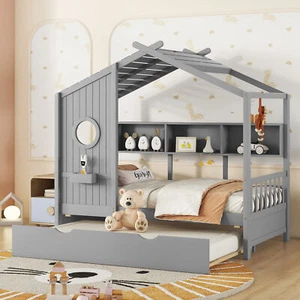 Wooden Twin Size House Bed With Trundle, Modern Design for Kids with Storage Shl - Picture 1 of 10