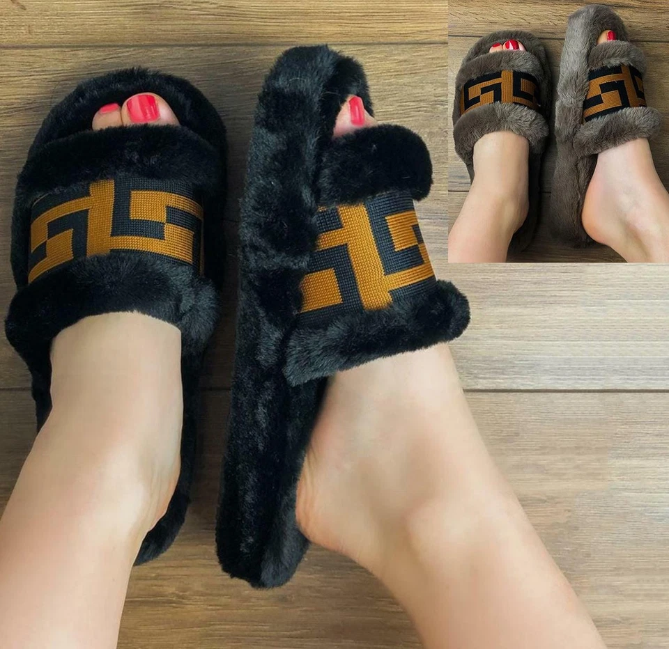 MISS IMAGE UK WOMENS LADIES WARM FLUFFY FAUX FUR SLIP ON FLAT MULES SLIPPERS SLIDES SHOES SIZE