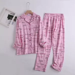 Damen-Pyjama aus Baumwolle langärmelige Oberteile Hose Pyjama-Set Freizeit Knopf Nachtwäsche - Bild 1 von 33