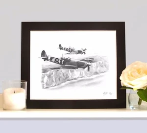 SUPERMARINE SPITFIRE mk IX Art Print Drawing Picture MOUNTED Ideal Present Gift - Picture 1 of 2