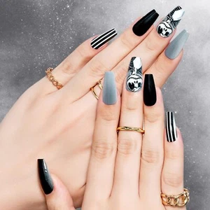 Press on Nails Medium Coffin , Goth Black Acrylic Fake Nails with Design Stic... - Picture 1 of 7