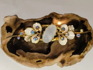 Vintage Gold Tone Enamel ?Quartz Floral Rhinestone Brooch Marked Austria - Picture 1 of 11