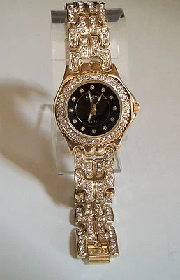 Reloj de hip hop elegante de moda esfera negra acabado oro piedra para hombre Foto 1 de 4