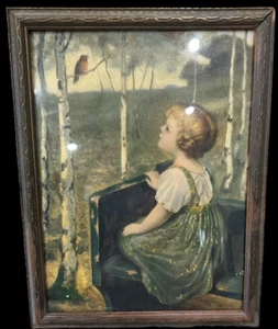vintage Spring Song Lithograph Simon Glucklich Original Wood Frame 1925 - Picture 1 of 4