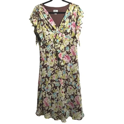 JBS LTD Floral Dress Brown Pink Blue Green Ruffle Sleeve V Neck Fairy Boho 14 - Image 1 of 4