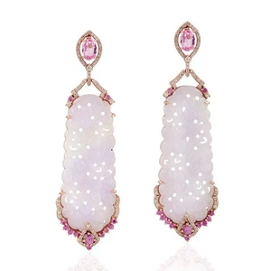 Orecchini in oro rosa 18 carati con giada lavanda con zaffiri rosa e... - Foto 1 di 6