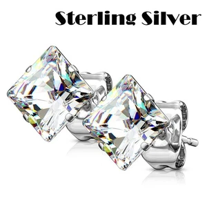 925 Sterling Silver Square CZ Hip Hop Iced Bling Stud 9mm Earring Earrings - Picture 1 of 6
