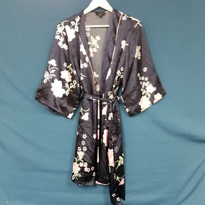 Bata midi Jones New York azul/rosa floral satinado con cinturón S/M  Foto 1 de 4