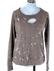 Distress Destroy Sweatshirt Khaki SPLATTER STUD Paint Splash Sweater size XS