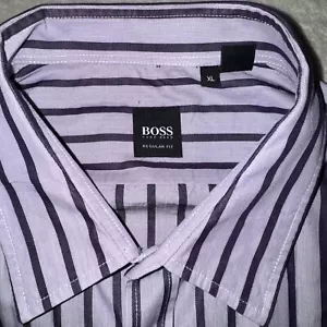 HUGO BOSS Classic Fit Purple Striped Long Sleeve Button Front Shirt Cotton Sz XL - Picture 1 of 6