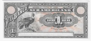 1 SUCRE UNC BANKNOTE 1920 ECUADOR/EL BANCO SUR AMERICANO PICK-S251r - Foto 1 di 2