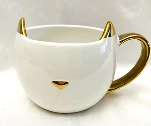 Taza Pinky Up de cerámica blanca y dorada gatito gato orejas doradas y mango 12 oz - Imagen 1 de 5