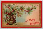 Vacances ~ Vase houx et vœux de Noël ~ Carte postale vintage