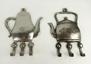 Cast Metal Floral Coffee Pot and Tea Pot Shaped 3-Key Hook Potholder Wall Mount - Picture 1 of 5