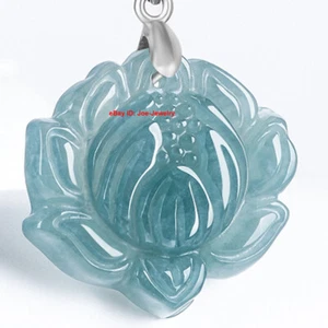 Natural Grade A Jadeite Jade Pendant 925 Silver Lotus Flower Pendant - Picture 1 of 9