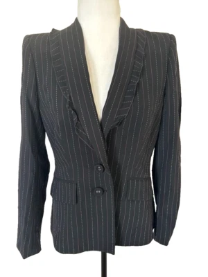 Blazer ESCADA Talla 8 EE. UU. 100 % Lana Negro Púrpura Rayas Volantes Detalle Solapa Foto 1 de 4