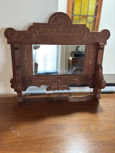 Antique Hand-Carved Folk Art Mirror with Shelf – Wall-Mount or Standing Display - Picture 1 of 11