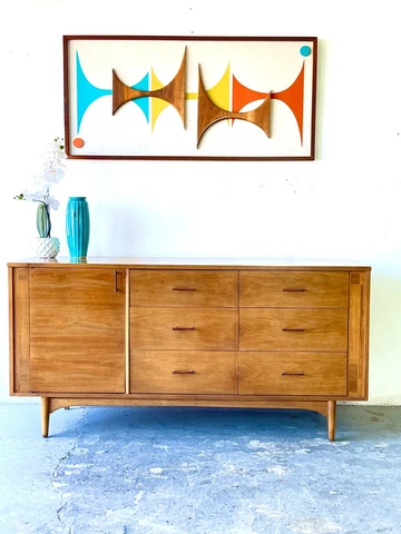 Kroehler Mid Century Modern Walnut Credenza Dresser with Rosewood Handles Cover