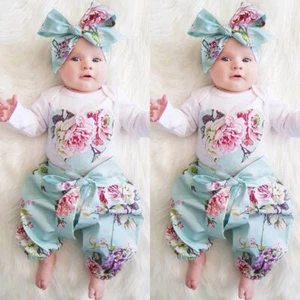 Outfits Set Neugeborenes Baby Mädchen Body Kleidung Hose Blumenmuster Strampler Oberteil Stirnband - Bild 1 von 7