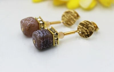 Pendientes Cubo Pendientes Pendientes Cuentas Ágata Marrón Estrás Acero Inoxidable #DA009 Foto 1 de 3