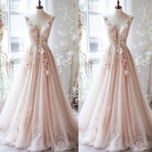 Vintage Light Pink Wedding Dresses Deep V Neck 3D Flowers A Line Bridal Gowns - Picture 1 of 9