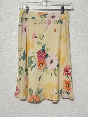 Talbots Skirt Sz 2 Petite Yellow Floral Print Pure Silk Lined A-Line Midi VTG - Image 1 of 4
