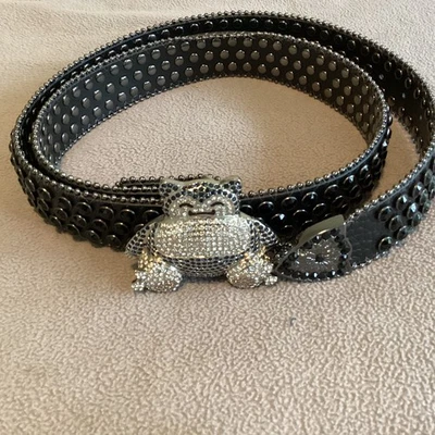 Black Women’s  Rhinestone Belt 44” With Blue/Clear Rhinestone Snorlax Buckle - Image 1 of 4