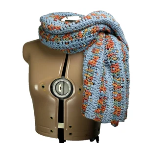 Handmade Knit Crochet Rectangle Scarf Blue with Multicolor Stripe 47x20.5 - Picture 1 of 11