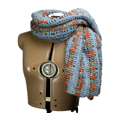 Handmade Knit Crochet Rectangle Scarf Blue with Multicolor Stripe 47x20.5 - Image 1 of 4