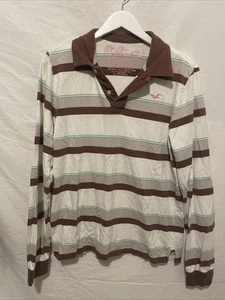 Hollister Polo Shirt Long Sleeve Rugby Large Stripe Brown Y2K 90s Sportswear - Picture 1 of 9