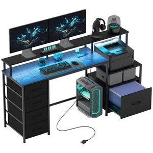 67" Computer Desk Home Office Desk with File Cabinet Lights Black - Picture 1 of 11
