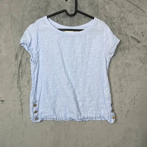 Minimalist Linen Button Top Small Light Blue Short Sleeve Lagom Coastal Summer - Picture 1 of 5
