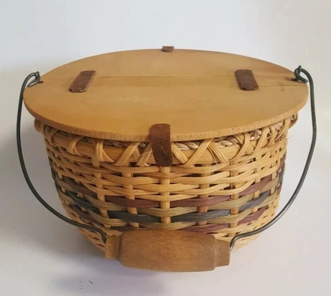 Vintage Wicker Basket Wood Handle Round Lid Metal Leather 8" Cover