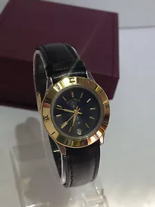 HUGO MAXX ITALY 18KT GOLD PL SHOCK & WATER RESIST LADIES DATE WATCH  BLACK STRAP - Picture 1 of 6