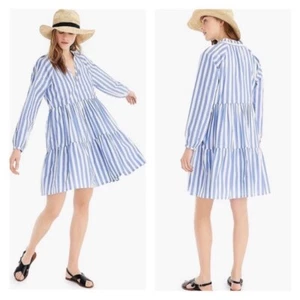 J.CREW Stufen Bio Baumwolle Popeline Langarm Minikleid Blau Barrie Streifen XS - Bild 1 von 15