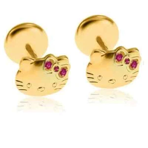 0.20Ct Round Cut Lab Created Pink Ruby Cat Stud Earrings 14k Yellow Gold Plated - Picture 1 of 4