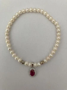Bracciale perle elastico ciondolo argento ovale Rubino 4 - 4,5 mm - Foto 1 di 2