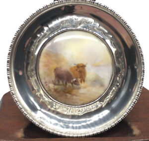 H. Stinton hand painted Highland Cattle Royal Worcester, Solid Silver B.ham 1912