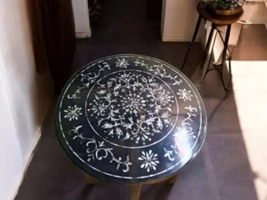 30" Round Black Marble Center Coffee Table Mop Inlay Pietra Dura Arts Home Decor - Picture 1 of 8