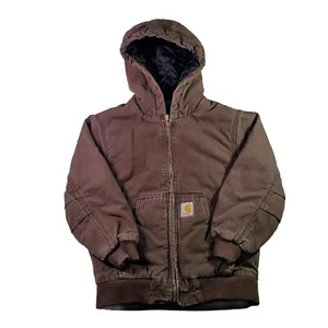 Vtg Distressed Carhartt Hooded Jacket Kids Sz Small 7-8 Brown Quilt Lined Canvas - Picture 1 of 14