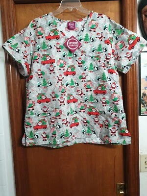 Divine Curves Women's Scrub Top Santa Clause & Penguin Size 1X NWT - Image 1 of 4