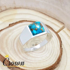 Blue Copper Turquoise 925 Sterling Silver Men's Ring Jewelry - Size US 6-14 - Picture 1 of 3