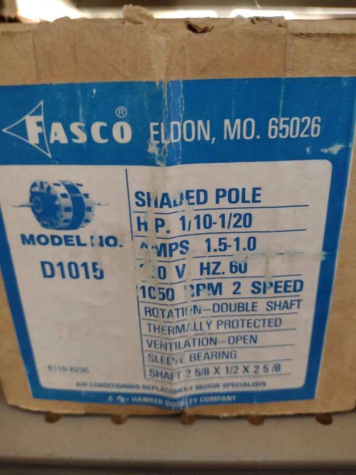 D1015 FASCO 1/10-1/20HP 1050 RPM 2 SPEED 230V SHADED POLE MOTOR - Image 1 of 1