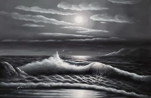 Ocean Wave - B/W #4DBS-2, 24x36, 100% Hand Painted Oil Painting on Canvas, - Picture 1 of 6